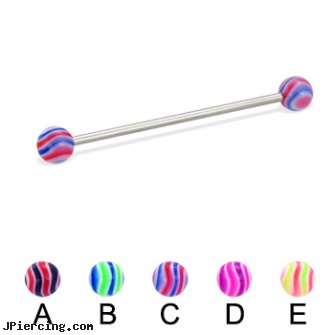Long barbell (industrial barbell) with wave balls, 14 ga, longhorn navel ring, long belly botton rings, how long before regrowing tongue peircing, cheap navel barbell, cheap barbells and tongue rings vibrating