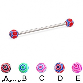 Long barbell (industrial barbell) with web balls, 12 ga, how long before removing earrings after first ear piercing, cock ring prolong ejaculation instruction, how long does it take cartilage piercings to heal, industrial piercing barbells, spiral barbell