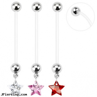 Long flexible bioplast pregnancy belly ring with CZ star, how long does it take cartilage piercings to heal, long island belly button piercing, how long does it take for tongue piercing to heal, flexible body jewelry, flexible tongue rings