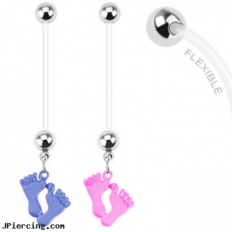 Long flexible bioplast pregnancy belly ring with dangling baby feet, how long before removing earrings after first ear piercing, how long before regrowing tongue peircing, long belly botton rings, flexible tongue rings barbells, flexible body jewelry