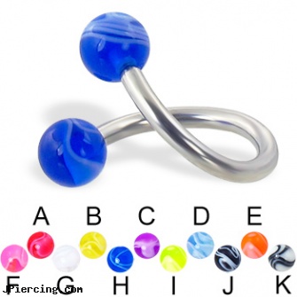 Marble ball twisted barbell, 12 ga, blinking koosh ball belly ring, flashing labret ball, replacement balls for body jewellery, twisted barbell, nipple rings barbells