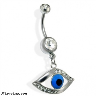 Mediterranean Blue Eye of Protection Belly Ring Steel with CZ, black and blue titainum tongue rings, body jewelry blue heart, belly button piercings information, eeyore belly rings, belly button rings dr suess
