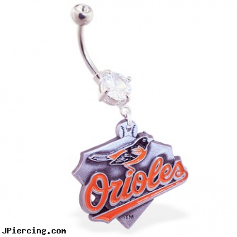Mspiercing Belly Ring with Official Licensed MLB Charm, Baltimore Orioles, belly button piercing kit, belly botton rings, belly butto rings, straight pin nose rings, nose navel tongue rings official playboy