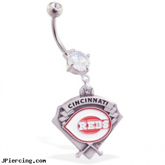 Mspiercing Belly Ring with Official Licensed MLB Charm, Cincinnati Reds, 14k gold belly button rings, zipper belly button rings, tiffany belly rings, does nose ring hurt, suck on nipple rings