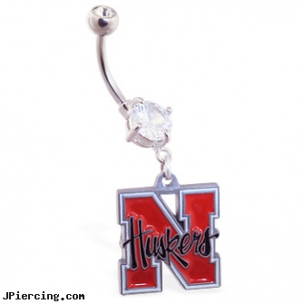 Mspiercing Belly Ring with Official Licensed NCAA Charm, University Of Nebraska Cornhuskers, petite shaft belly barbells, belly button rings or navel rings, belly button ring gold reverse, inch navel ring, stainless steel cock rings