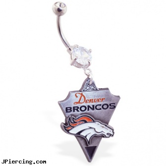 Mspiercing Belly Ring with Official Licensed NFL Charm, Denver Broncos, tinkerbell belly ring or body, gemstone belly button jewelry, belly button clip no piercing jewelry, inexpensive navel rings, how do nipple rings feel