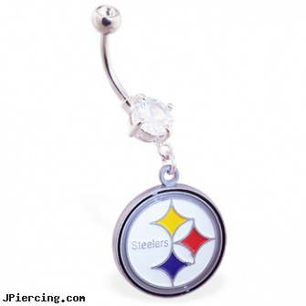 Mspiercing Belly Ring with Official Licensed NFL Charm, Pittsburgh Steelers, belly button ring, baseball and belly button rings, belly button rings fairy jewlery, pretty nose rings, 22 gauge silver nose ring