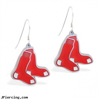 Mspiercing Sterling Silver Earrings With Official Licensed Pewter MLB Charms, Boston Red Sox, sterling silver navel ring, sterling navel ring, sterling silver navel jewelry, 22 gauge silver nose ring, silver jewelry