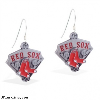 Mspiercing Sterling Silver Earrings With Official Licensed Pewter MLB Charms, Boston Red Sox, sterling cock ring, sterling silver naval rings, sterling silver jewellry, silver nipple rings, silver jewelry ear cuffs