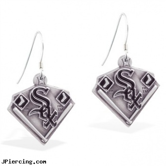 Mspiercing Sterling Silver Earrings With Official Licensed Pewter MLB Charms, Chicago White Sox, sterling silver starter studs, disney charms sterling silver, sterling silver navel ring, silver nose stud, silver navel ring