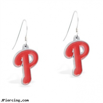 Mspiercing Sterling Silver Earrings With Official Licensed Pewter MLB Charms, Philadelphia Phillies, sterling silver starter studs, sterling silver naval rings, sterling cock ring, adjustable silver cock ring, self piercing and earrings