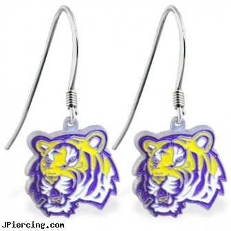 Mspiercing Sterling Silver Earrings With Official Licensed Pewter NCAA Charm, Louisiana State University Tigers, cheerleader belly rings titanium or sterling silver, disney charms sterling silver, sterling silver jewellry, nonpiercing silver body jewelery, silver cock rings