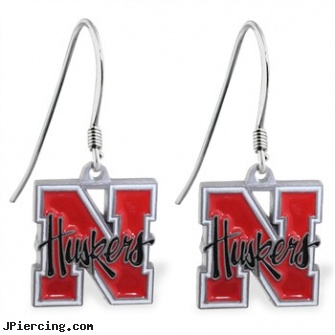 Mspiercing Sterling Silver Earrings With Official Licensed Pewter NCAA Charm, University Of Nebraska Cornhuskers, sterling silver nose rings, sterling cock ring, sterling silver navel ring, silver belly button rings, curved earrings screw balls