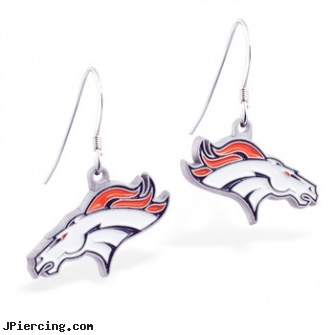 Mspiercing Sterling Silver Earrings With Official Licensed Pewter NFL Charm, Denver Broncos, cheerleader belly rings titanium or sterling silver, sterling silver jewellry, disney charms sterling silver, silver nipple ring, silver navel ring