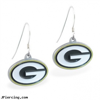 Mspiercing Sterling Silver Earrings With Official Licensed Pewter NFL Charm, Green Bay Packers, sterling silver naval rings, sterling silver navel jewelry, sterling silver nipple rings, silver belly button rings, nonpiercing silver body jewelery