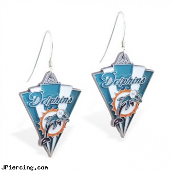 Mspiercing Sterling Silver Earrings With Official Licensed Pewter NFL Charm, Miami Dolphins, sterling silver navel ring, sterling cock ring, sterling silver nipple rings, adjustable silver cock ring, curved earrings screw balls
