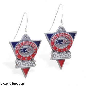 Mspiercing Sterling Silver Earrings With Official Licensed Pewter NFL Charm, New England Patriots, sterling silver nose studs, sterling silver nose rings, sterling silver nipple rings, nonpiercing silver body jewelery, silver jewelry ear cuffs
