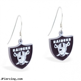 Mspiercing Sterling Silver Earrings With Official Licensed Pewter NFL Charm, Oakland Raiders, sterling silver jewellry, sterling silver naval rings, sterling silver nose studs, hot silver body jewelry, earrings body piercing jewelry