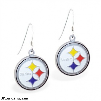 Mspiercing Sterling Silver Earrings With Official Licensed Pewter NFL Charm, Pittsburgh Steelers, sterling silver starter studs, sterling silver nose rings, cheerleader belly rings titanium or sterling silver, silver nose stud, silver nose rings