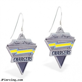 Mspiercing Sterling Silver Earrings With Official Licensed Pewter NFL Charm, San Diego Chargers, sterling silver nose studs, sterling silver nose rings, cheerleader belly rings titanium or sterling silver, silver jewellry, hot silver body jewelry