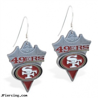 Mspiercing Sterling Silver Earrings With Official Licensed Pewter NFL Charm, San Francisco 49Ers, sterling silver nipple rings, sterling silver naval rings, sterling silver nose rings, nonpiercing silver body jewelery, silver nipple ring