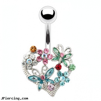 Multi-Colored Flower And Butterfly Heart Navel Ring, multiple ear piercing tattoo very short hair, multiple labia piercing, horizontal belly ring multiple, ear piercing flesh colored hider jewlrey, flesh colored tongue ring