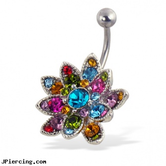 Multicolor jeweled flower belly button ring, jeweled labrets, 18g jeweled labrets, jeweled navel slave rings, flower shaped labret jewerly, flower belly ring
