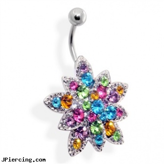 Multicolored Jeweled Flower Belly Ring, jeweled belly rings, jeweled navel slave rings, 18g jeweled labrets, flower nipple shields, flower pics