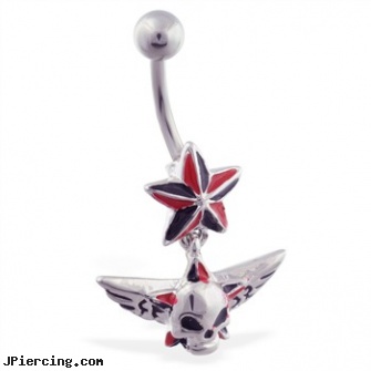 Nautica star belly ring with dangling skull and wings, gold nautical body jewelry, sterling silver starter studs, starter earrings for piercings, how to get started in body peircing, piercing your belly button