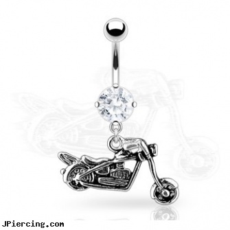 Navel Ring Round CZ with Motorcycle Dangle, discount navel belly button rings, cons to navel piercings, body jewelry and navel piercing, zodiac belly rings, penis rings uk