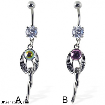Navel Ring with Dangling Angel Holding Gem, sparkley navel jewelry, surgical steel navel jewelry, titanium slave navel jewelry, shafts for tongue rings, nipple rings jewelery