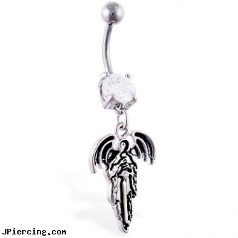 Navel Ring with Dangling Angel with Sword, navel jewelry surgical stainless steal internal thread, navel piercing and procedure, information on navel piercing, jelly cock rings, buy tongue rings