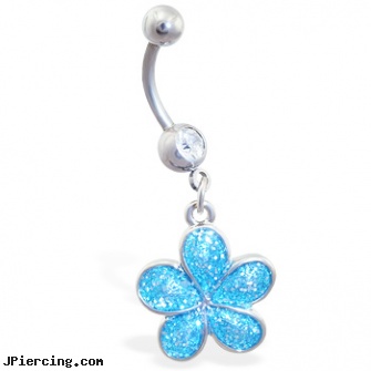 Navel ring with dangling aqua glitter flower, diamond navel ring, allergic navel piercings, piercing navel take it out scar, discount cock rings, goat cock ring