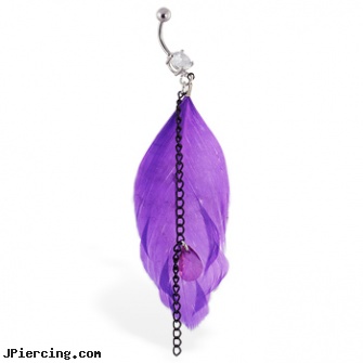 Navel ring with dangling black chains and large purple feather, picture of navel piercings, history of navel piercing, pisces navel rings, fake lip rings, the cock ring samarra