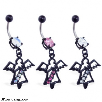 Navel Ring with Dangling Black Coated Angel, self navel piercing, starter navel jewelry, navel ring balls replacement, pink belly rings, kuma sutra belly button rings