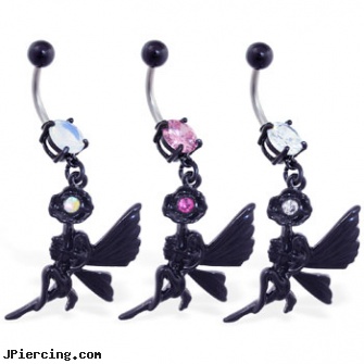 Navel ring with dangling black coated flower and fairy, cute navel ring, navel piercing facts, how to treat infected navel piercings, light up belly rings, sonic the hedgehog tongue rings