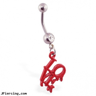 Navel ring with dangling bloody philly \"LOVE\" park symbol, pictures of navel piercings, wholesale navel rings, navel rings with logos, nose ring history, glow in the dark belly button rings