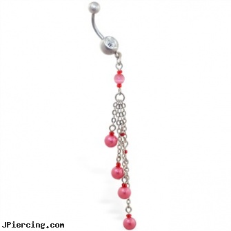 Navel ring with dangling chains and pink pearls, nose navel tongue rings official playboy, navel piercing red bumps, anodized body navel ring, ring clit, belly ring tattoos