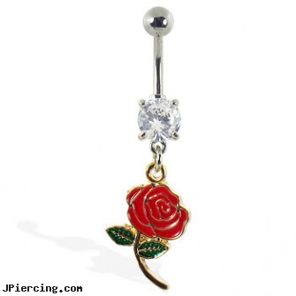 Navel ring with dangling colored rose, how to navel piercing, real diamond navel jewelry, white gold top down navel rings, clit ring thumbnails, acrylic tongue rings