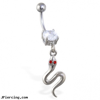 Navel ring with dangling curved snake with red gem eyes, navel rings, belly navel ring, navel ring removal, hematite tongue ring, dangling navel jewelry