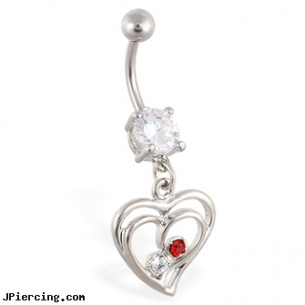Navel ring with dangling double hearts with gems, celtic body jewelry navel, navel peircings, navel ring, fine jewelry belly button rings, tongue ring shops