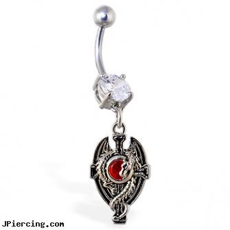Navel ring with dangling dragon and cross with red gem, sterling silver navel jewelry, infectin at navel piercing site, 99 cent navel rings, jewelry findings ear rings, nipple rings non piercing circular slip on
