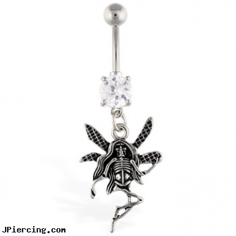 Navel ring with dangling fairy skeleton, navel piercing infection pictures, amazon navel jewelry, fancy navel jewelry, pretty belly button rings, dragonfly belly button ring purple