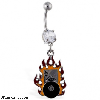 Navel Ring with Dangling Flaming Ace And 8-Ball, versace navel ring, titanium slave navel jewelry, navel ring balls replacement, my nose ring, belly button ring infections