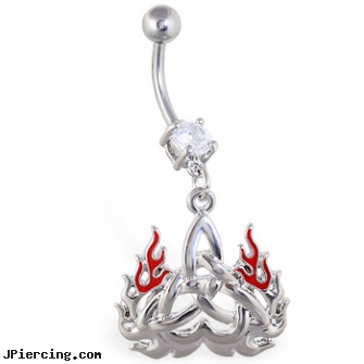 Navel ring with dangling flaming celtic triangle, plumeria navel ring, locations in ohio to get navel piercing, navel jewelry, allergic reactions to tongue rings, nose rings vancouver