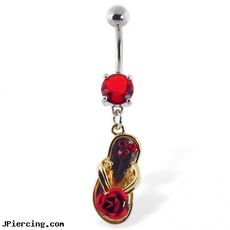 Navel ring with dangling flipflop with rose and gems, titanium slave navel jewelry, belly button rings navel jewelry, cost of navel piercing, hot candy 14kt gold belly rings, ball and cock ring