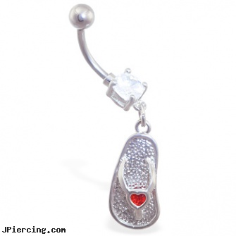 Navel ring with dangling flipflop with small jeweled red heart, inverse navel piercing pictures, how to change navel ring, navel ring overnight shipping, ferrari belly button ring, belly button and tongue rings