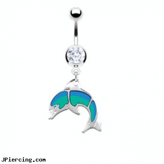 Navel Ring with Dangling Glossed Dolphin, locations in ohio to get navel piercing, piercing navel forum, popular navel jewelry, star belly button rings, kelly clarkson nose ring