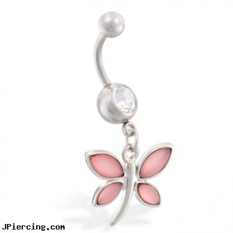 Navel ring with dangling glossy pink butterfly, navel piercing info, sparkley navel jewelry, titanium navel ring, self piercing earrings, playboy belly ring