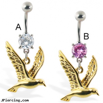 Navel ring with dangling gold colored bird, navel piercing healing, navel piercing and how it is done, nose navel tongue rings playboy, silver belly button rings, cock ring with anal probe